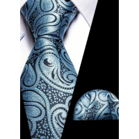 3delige stropdasset stropdas pochet manchetknopen lichtblauw zwart Paisley
